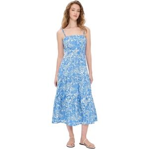 OPT Women's Dagney Cotton Dress Size 6 Blue Floral Print Sleeveless‎ Tiered Midi